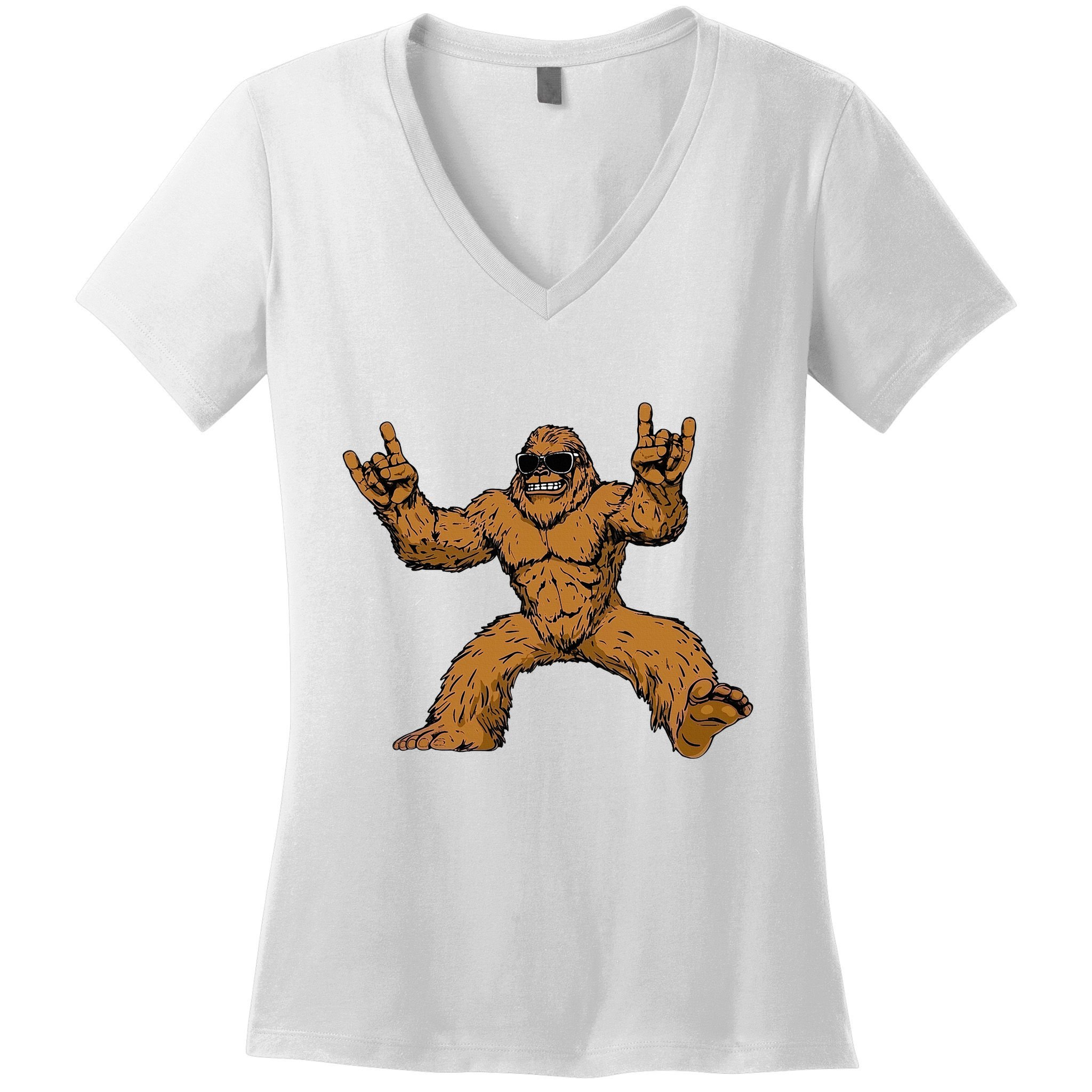 Funny Bigfoot Sasquatch Graphic Rock On Women's V-Neck T-Shirt