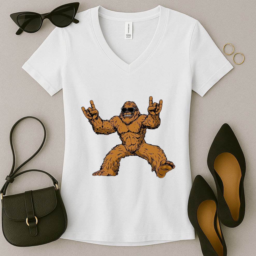 Funny Bigfoot Sasquatch Graphic Rock On Women's V-Neck T-Shirt
