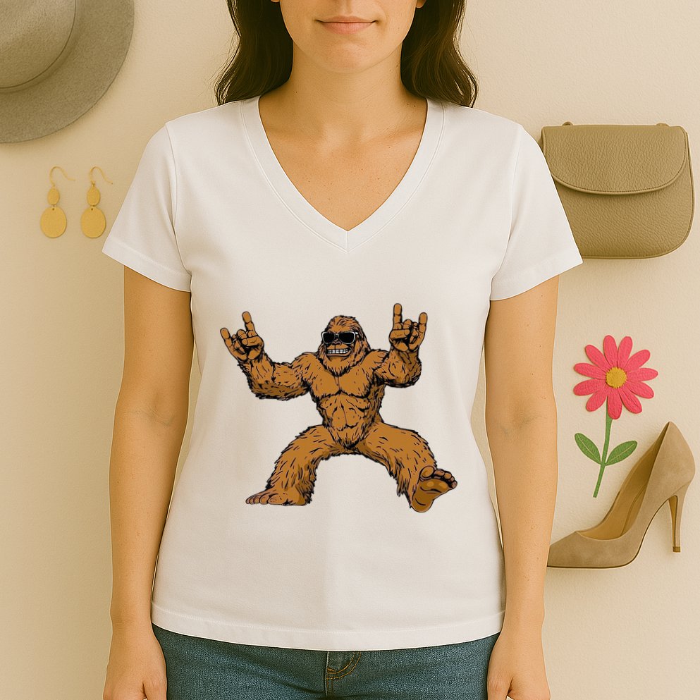 Funny Bigfoot Sasquatch Graphic Rock On Women's V-Neck T-Shirt
