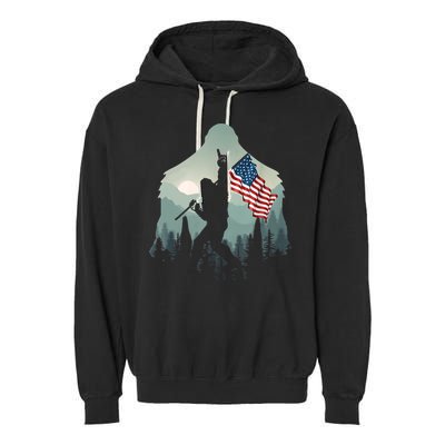 Funny Bigfoot Sasquatch Rock And Roll American Flags Tee Garment-Dyed Fleece Hoodie