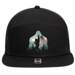 Funny Bigfoot Sasquatch Rock And Roll American Flags Tee 7 Panel Mesh Trucker Snapback Hat