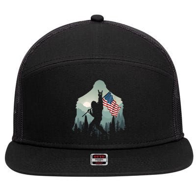 Funny Bigfoot Sasquatch Rock And Roll American Flags Tee 7 Panel Mesh Trucker Snapback Hat