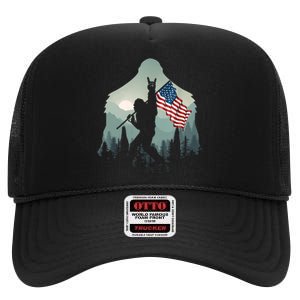 Funny Bigfoot Sasquatch Rock And Roll American Flags Tee High Crown Mesh Back Trucker Hat