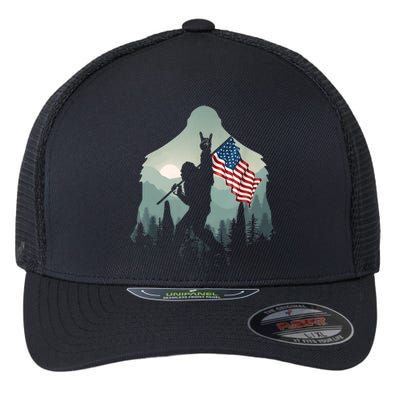 Funny Bigfoot Sasquatch Rock And Roll American Flags Tee Flexfit Unipanel Trucker Cap