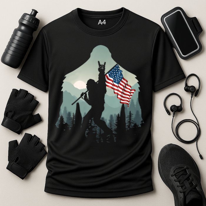 Funny Bigfoot Sasquatch Rock And Roll American Flags Tee Performance Shirt