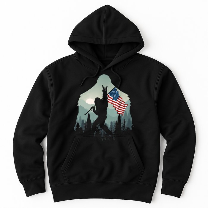Funny Bigfoot Sasquatch Rock And Roll American Flags Tee Hoodie
