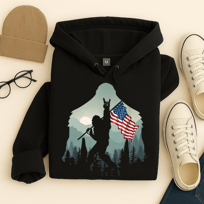 Funny Bigfoot Sasquatch Rock And Roll American Flags Tee Hoodie