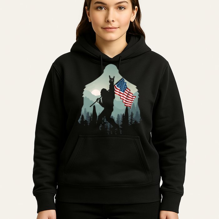 Funny Bigfoot Sasquatch Rock And Roll American Flags Tee Hoodie