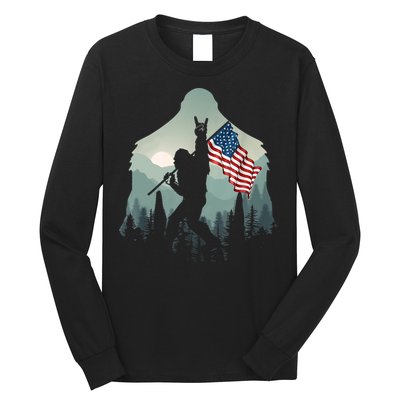 Funny Bigfoot Sasquatch Rock And Roll American Flags Tee Long Sleeve Shirt