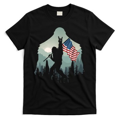 Funny Bigfoot Sasquatch Rock And Roll American Flags Tee T-Shirt