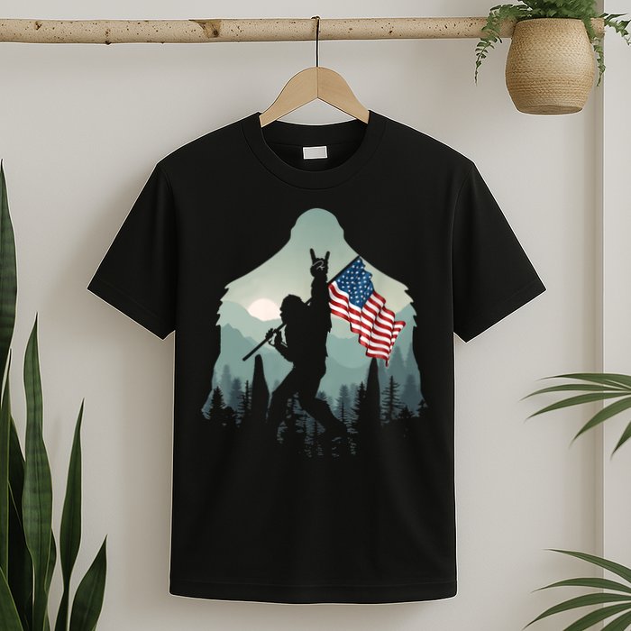 Funny Bigfoot Sasquatch Rock And Roll American Flags Tee T-Shirt
