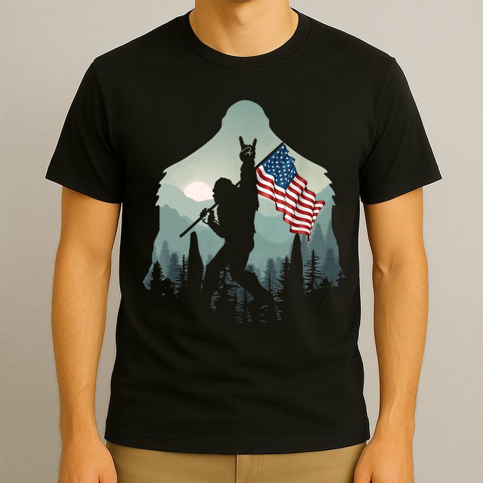 Funny Bigfoot Sasquatch Rock And Roll American Flags Tee T-Shirt