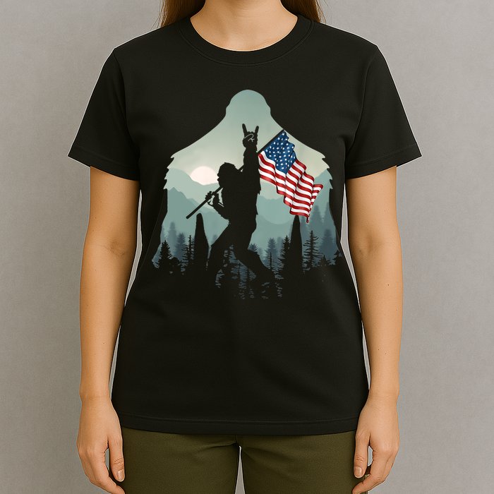 Funny Bigfoot Sasquatch Rock And Roll American Flags Tee T-Shirt