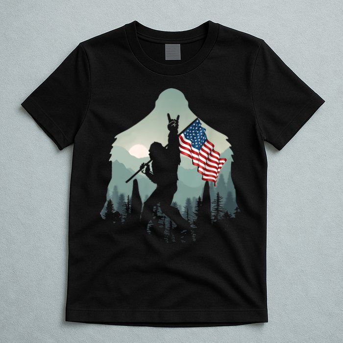 Funny Bigfoot Sasquatch Rock And Roll American Flags Tee T-Shirt
