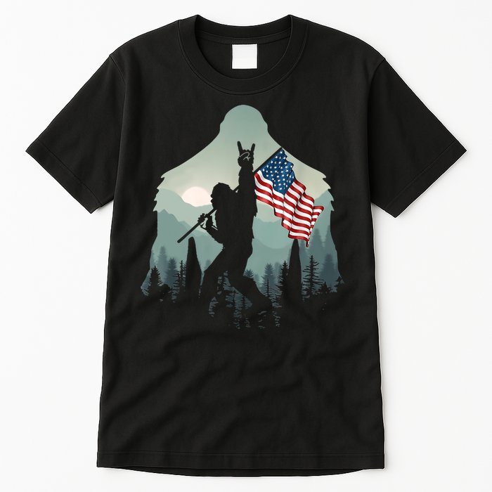 Funny Bigfoot Sasquatch Rock And Roll American Flags Tee Tall T-Shirt