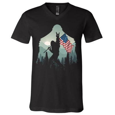 Funny Bigfoot Sasquatch Rock And Roll American Flags Tee V-Neck T-Shirt