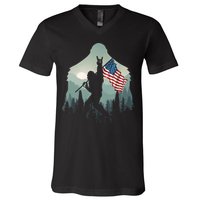 Funny Bigfoot Sasquatch Rock And Roll American Flags Tee V-Neck T-Shirt