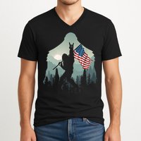 Funny Bigfoot Sasquatch Rock And Roll American Flags Tee V-Neck T-Shirt