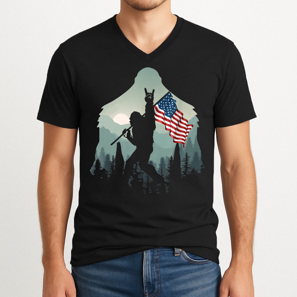 Funny Bigfoot Sasquatch Rock And Roll American Flags Tee V-Neck T-Shirt