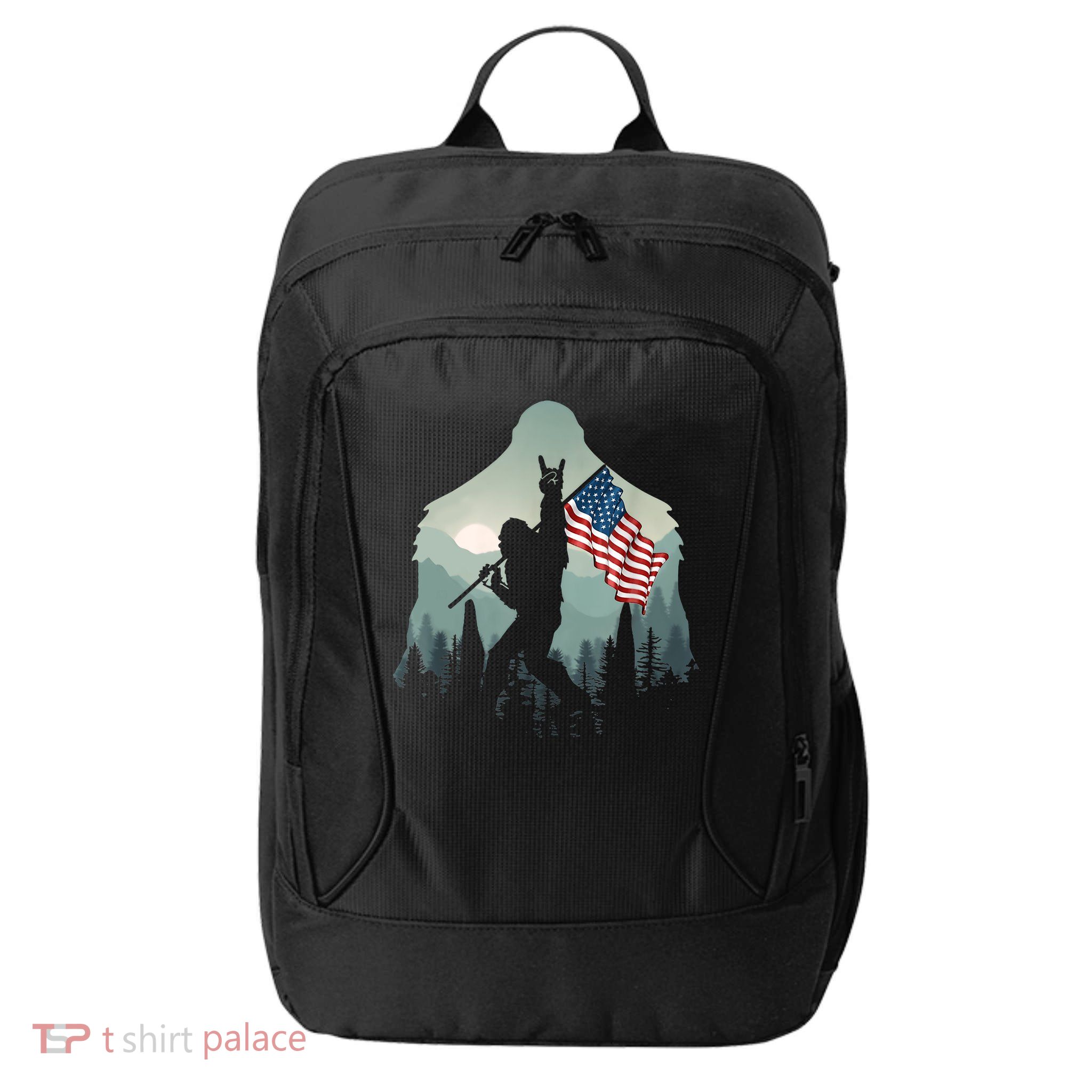 Funny Bigfoot Sasquatch Rock And Roll American Flags Tee City Backpack
