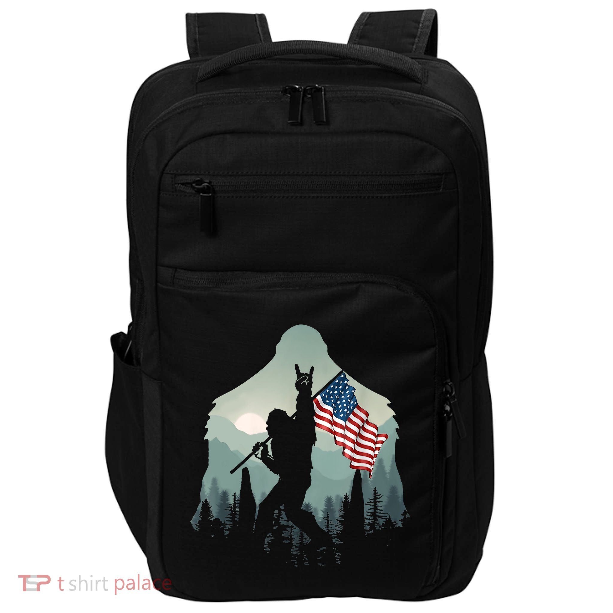 Funny Bigfoot Sasquatch Rock And Roll American Flags Tee Impact Tech Backpack