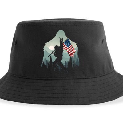 Funny Bigfoot Sasquatch Rock And Roll American Flags Tee Sustainable Bucket Hat