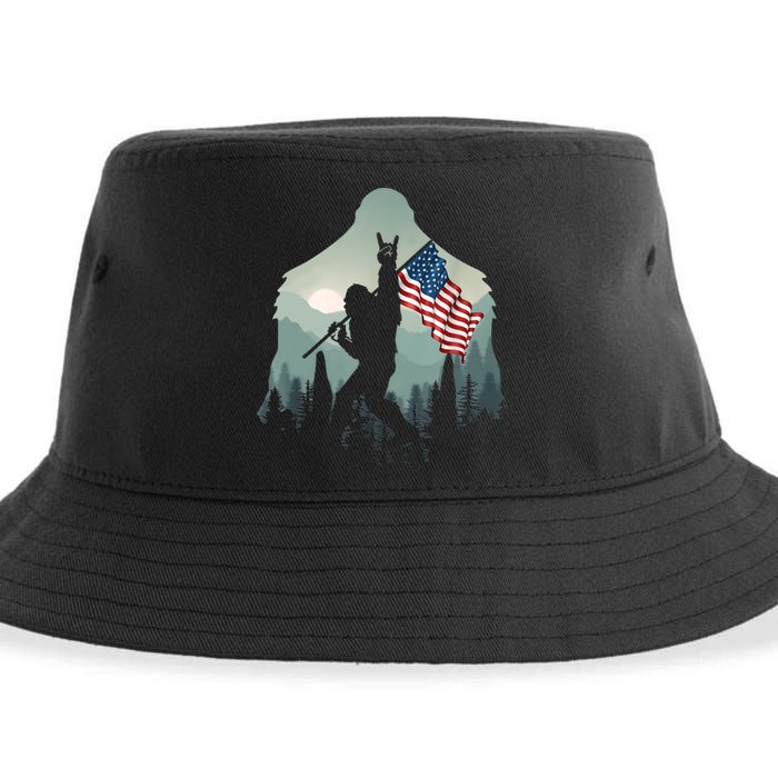 Funny Bigfoot Sasquatch Rock And Roll American Flags Tee Sustainable Bucket Hat