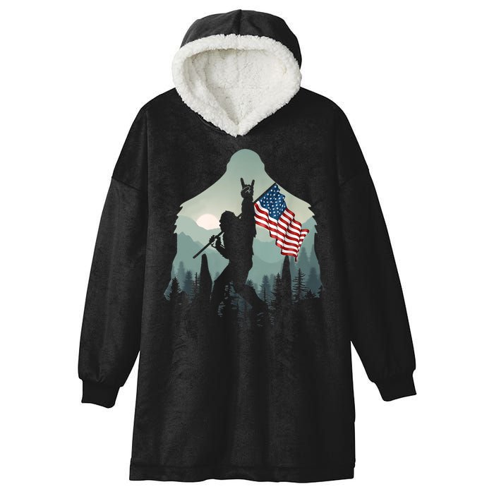 Funny Bigfoot Sasquatch Rock And Roll American Flags Tee Hooded Wearable Blanket