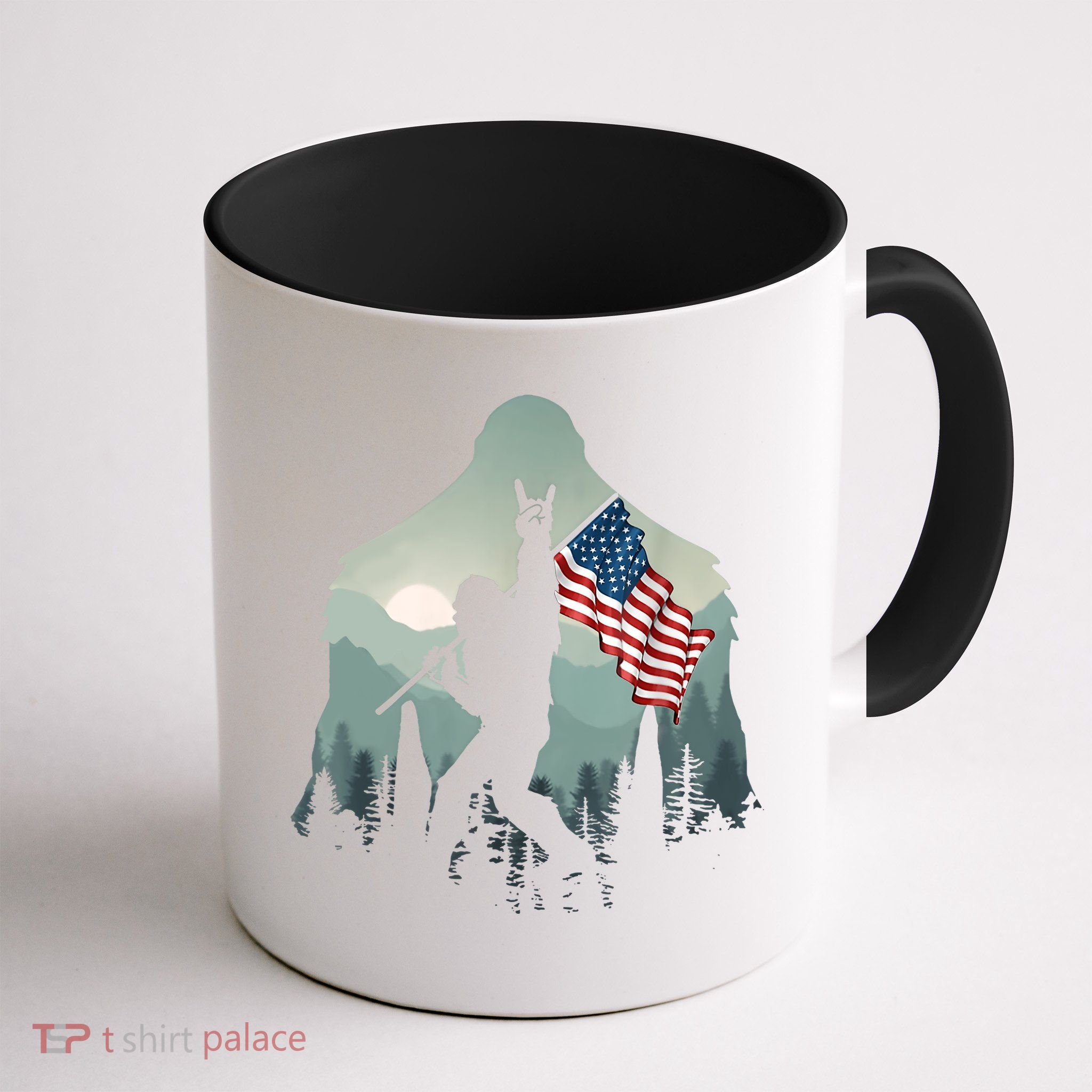 Funny Bigfoot Sasquatch Rock And Roll American Flags Tee Mug
