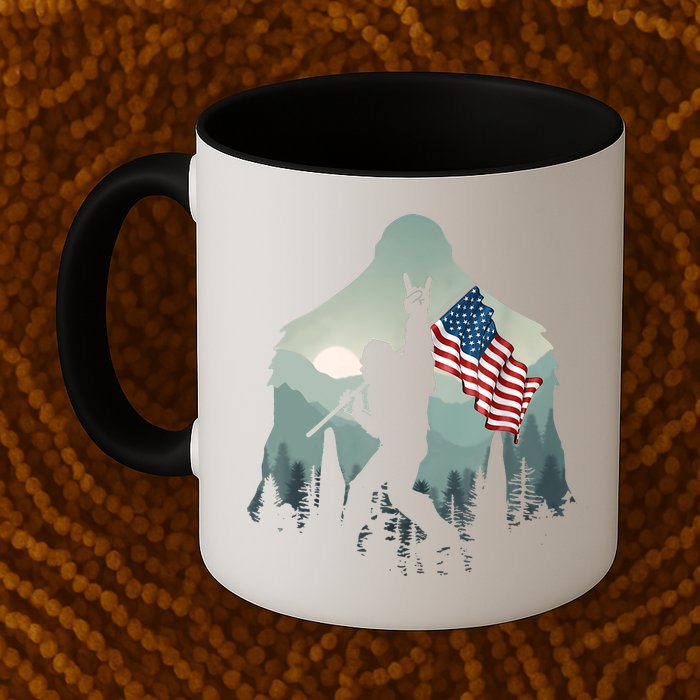 Funny Bigfoot Sasquatch Rock And Roll American Flags Tee Mug