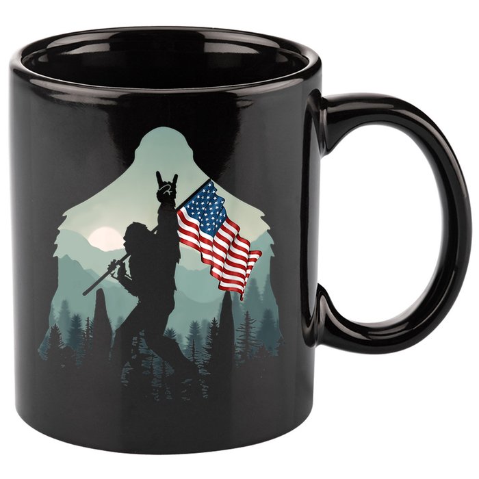 Funny Bigfoot Sasquatch Rock And Roll American Flags Tee 11oz C Handle Ceramic Mug