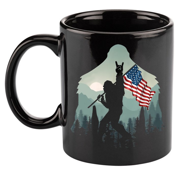 Funny Bigfoot Sasquatch Rock And Roll American Flags Tee 11oz C Handle Ceramic Mug