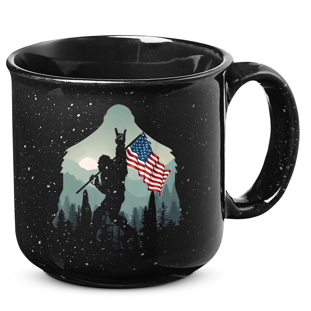 Funny Bigfoot Sasquatch Rock And Roll American Flags Tee 15oz Campfire Ceramic Mug