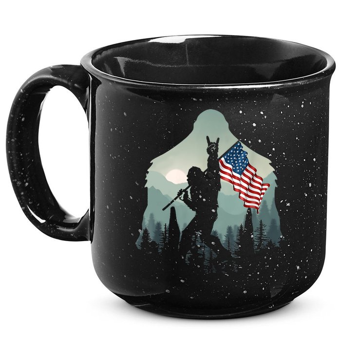 Funny Bigfoot Sasquatch Rock And Roll American Flags Tee 15oz Campfire Ceramic Mug