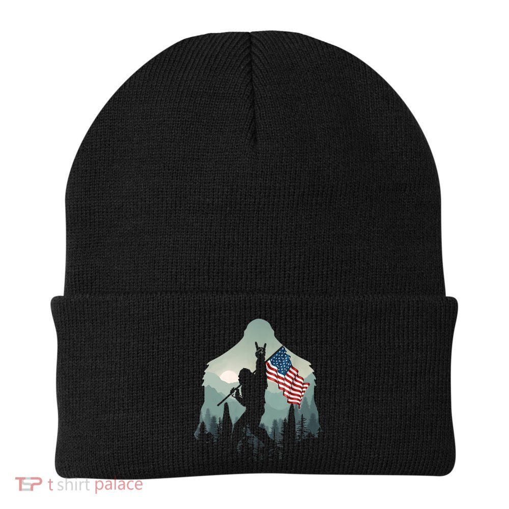 Funny Bigfoot Sasquatch Rock And Roll American Flags Tee Beanie