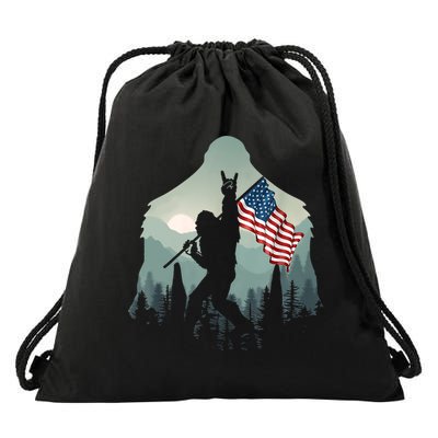 Funny Bigfoot Sasquatch Rock And Roll American Flags Tee Drawstring Bag
