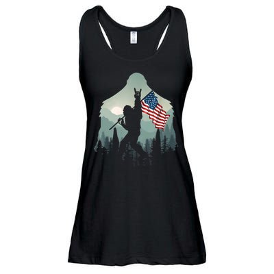 Funny Bigfoot Sasquatch Rock And Roll American Flags Tee Ladies Essential Flowy Tank