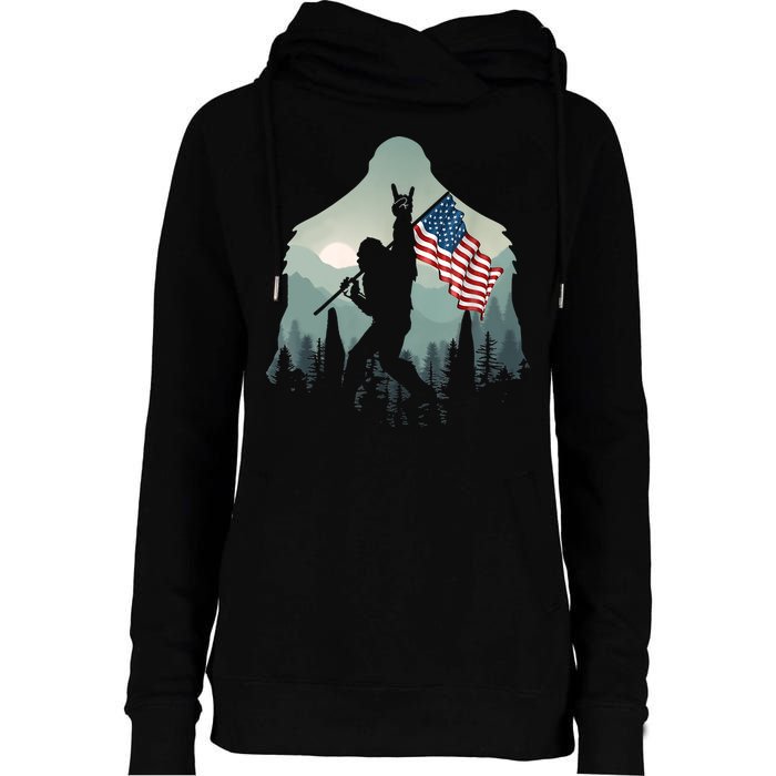 Funny Bigfoot Sasquatch Rock And Roll American Flags Tee Womens Funnel Neck Pullover Hood