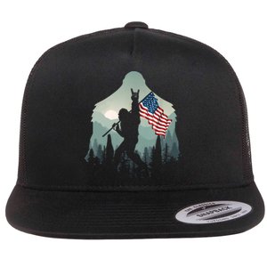 Funny Bigfoot Sasquatch Rock And Roll American Flags Tee Flat Bill Trucker Hat