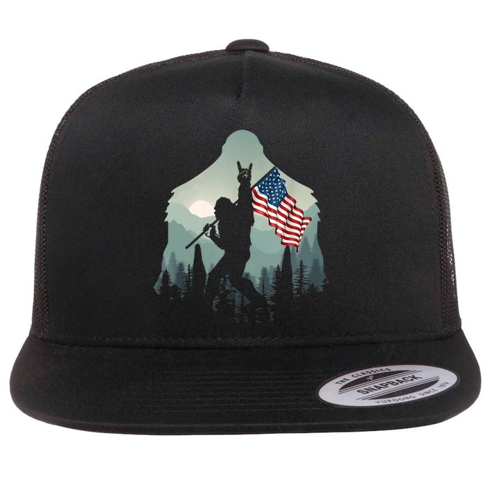 Funny Bigfoot Sasquatch Rock And Roll American Flags Tee Flat Bill Trucker Hat