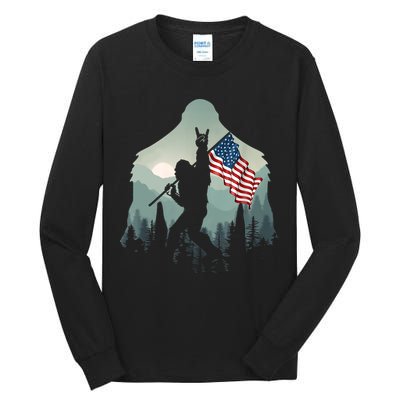Funny Bigfoot Sasquatch Rock And Roll American Flags Tee Tall Long Sleeve T-Shirt