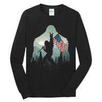 Funny Bigfoot Sasquatch Rock And Roll American Flags Tee Tall Long Sleeve T-Shirt