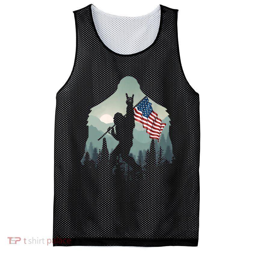 Funny Bigfoot Sasquatch Rock And Roll American Flags Tee Mesh Reversible Basketball Jersey Tank