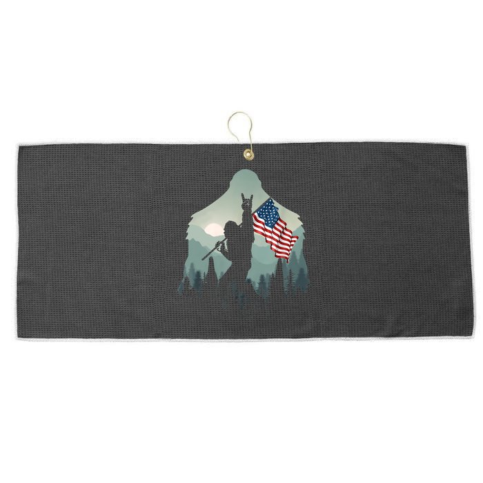 Funny Bigfoot Sasquatch Rock And Roll American Flags Tee Large Microfiber Waffle Golf Towel