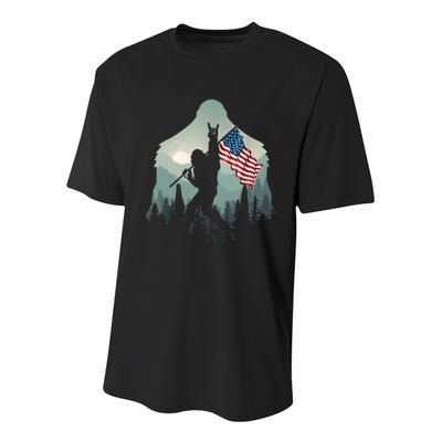 Funny Bigfoot Sasquatch Rock And Roll American Flags Tee Youth Performance Sprint T-Shirt