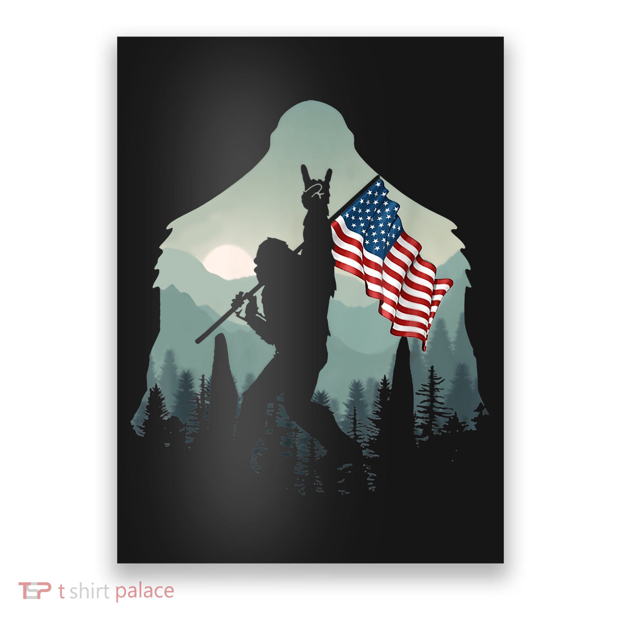 Funny Bigfoot Sasquatch Rock And Roll American Flags Tee Poster