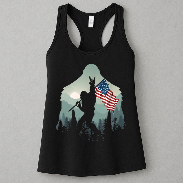 Funny Bigfoot Sasquatch Rock And Roll American Flags Tee Womens Tank Top