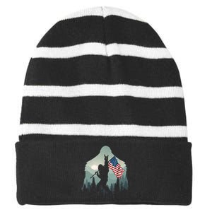 Funny Bigfoot Sasquatch Rock And Roll American Flags Tee Striped Beanie with Solid Band