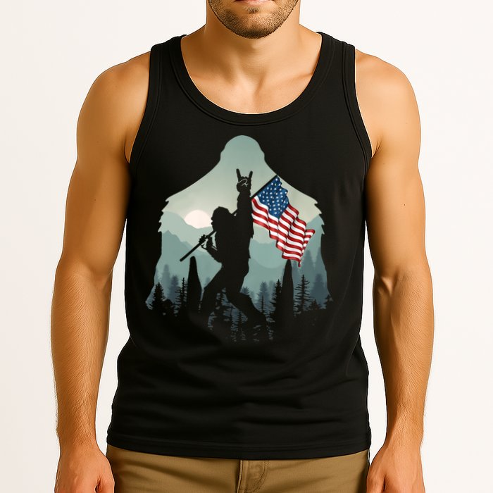 Funny Bigfoot Sasquatch Rock And Roll American Flags Tee Tank Top