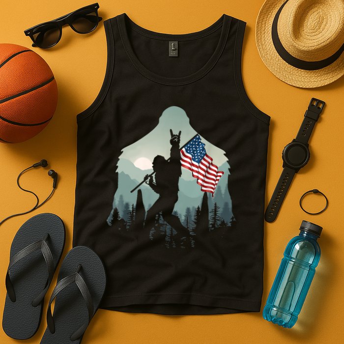 Funny Bigfoot Sasquatch Rock And Roll American Flags Tee Tank Top